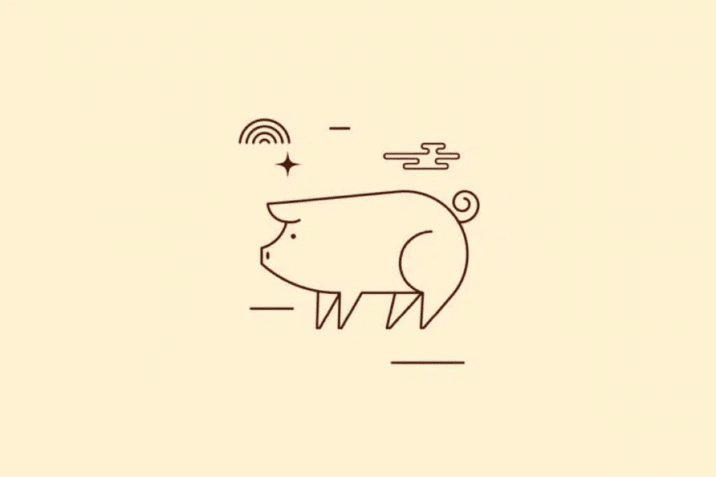Ilustração minimalista de um porco visto de perfil, desenhado com linhas finas em marrom-escuro sobre um fundo bege-claro. O animal apresenta corpo arredondado, focinho curto, patas pequenas e cauda enrolada. Ao redor, aparecem símbolos geométricos e elementos decorativos.