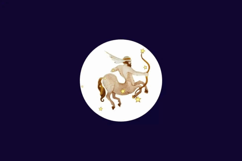 Ilustração do signo de Sagitário, representado por um centauro com corpo de cavalo e tronco humano, segurando um arco e uma flecha apontada para cima. A figura está rodeada por estrelas douradas, dentro de um círculo branco sobre um fundo roxo-escuro.