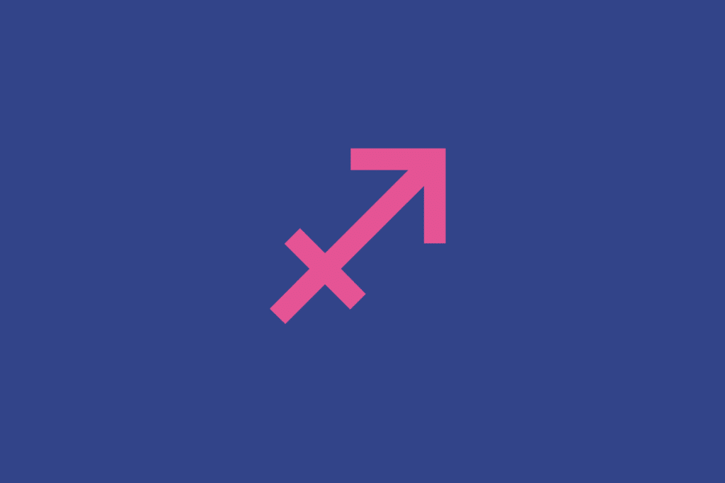 O símbolo astrológico do signo de Sagitário em rosa sobre um fundo azul-escuro