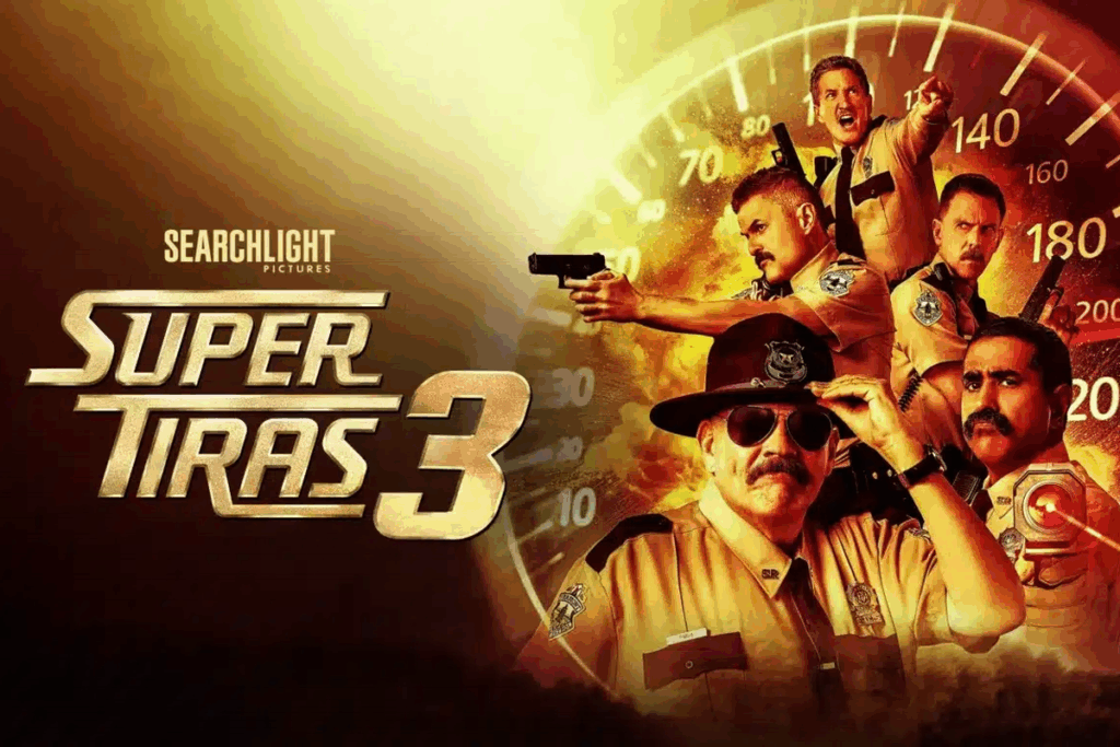 Imagem para o filme “Super Tiras 3”, em tons de dourado e laranja. À esquerda, está o título em letras douradas metálicas. À direita, cinco policiais rodoviários de uniforme bege aparecem sobre um grande velocímetro e uma explosão. Na frente, um deles usa chapéu de patrulheiro e óculos escuros. Atrás, os outros apontam armas e um radar de velocidade, e um deles grita apontando para frente.