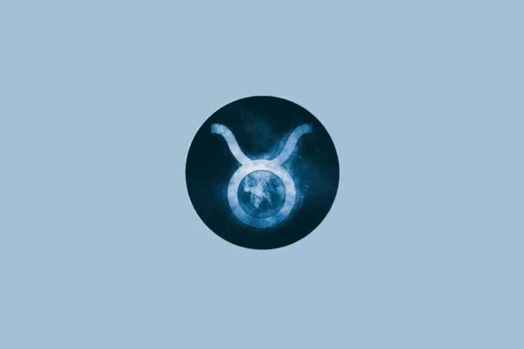Ilustração do símbolo do signo de Touro em azul-claro, representado por um círculo com dois chifres curvados para cima, com efeito luminoso, dentro de um círculo azul-escuro sobre um fundo azul-claro.