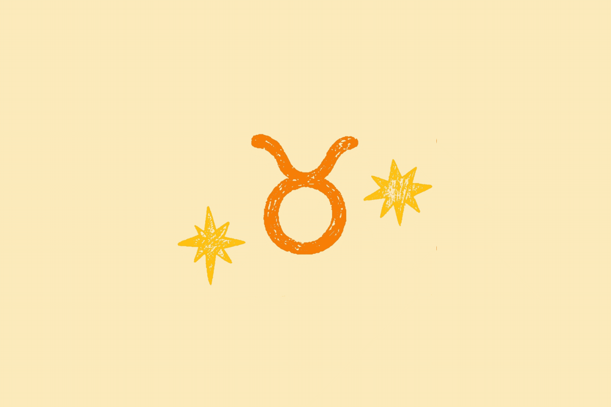 Ilustração do símbolo do signo de Touro, formado por um círculo com duas curvas superiores que lembram os chifres de um touro, em laranja, acompanhado por estrelas amarelas sobre fundo bege-claro.