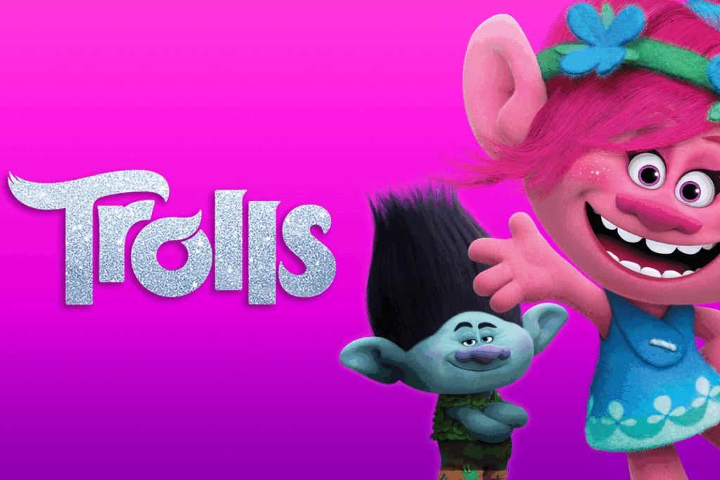 Imagem do filme Trolls: o logo prateado e brilhante aparece sobre um fundo rosa-choque. Ao lado estão a sorridente Poppy, de cabelo rosa e tiara de flores azuis, e o Tronco, de cabelo escuro e braços cruzados.