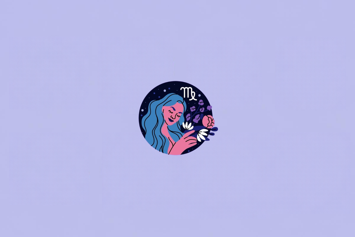 Ilustração do signo de Virgem, representado por uma mulher estilizada de cabelos azuis segurando um buquê de flores. Ela tem pele rosa e veste uma peça azul. Há flores roxas e brancas ao lado dela. O símbolo de Virgem aparece em branco na parte superior direita. Ao fundo há um círculo azul-marinho com pequenos pontos claros. Em fundo roxo-claro.