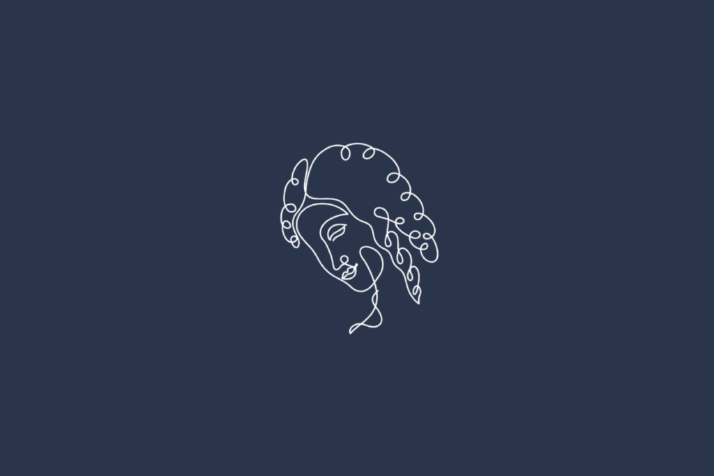 Ilustração linear branca do signo de Virgem sobre fundo azul-marinho uniforme. O desenho representa um rosto feminino levemente inclinado para baixo e para a esquerda, com olhos fechados, nariz delicado e lábios definidos. Os cabelos são volumosos, ondulados e cacheados, contornando a cabeça e descendo pelas laterais do rosto. Os fios são representados por linhas curvas e entrelaçadas, formando um desenho ornamental.
