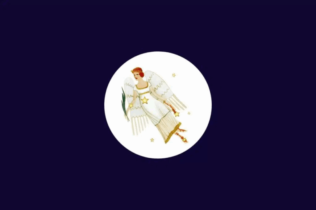 Ilustração do signo de Virgem, representado por uma figura feminina com cabelos avermelhados, vestido branco, asas e um ramo verde em uma das mãos. A personagem aparece cercada por estrelas douradas, dentro de um círculo branco sobre um fundo roxo-escuro.