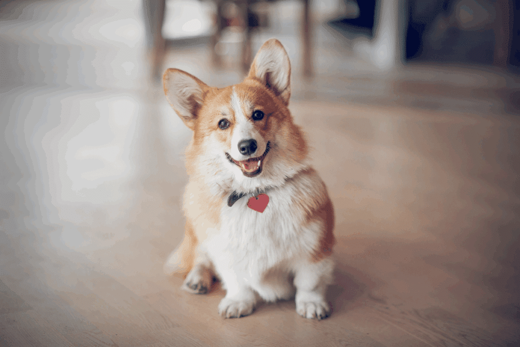 Um cão de pequeno porte, com corpo compacto, pernas curtas e pelagem espessa em tons de caramelo e branco. Tem orelhas grandes e eretas, olhos escuros e focinho curto. Está sentado em um ambiente interno, sobre um piso de madeira clara, olhando para a câmera com a boca aberta e a língua à mostra. Usa uma coleira com uma pequena plaquinha em formato de coração.